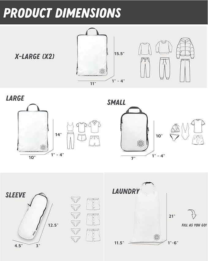 TRIPPED XL Compression Packing Cubes — 7-Piece Set for Checked Luggage | Extra-Large (15.7"×11"×4") + Large + Small + Tube + 