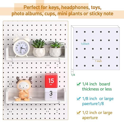 Marsui 2 Pcs Wooden Pegboard Shelf with Acrylic 12.2 x 3.94 Inch White Display Shelves Brackets with Metal Hooks Heavy Duty P