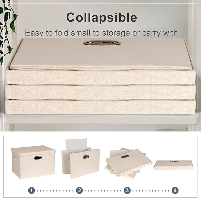 Graciadeco Large 17" 36 Quart Collapsible Stackable Storage Bins with Lids, 3 Packs Light Orange Linen Fabric Closet Boxes wi