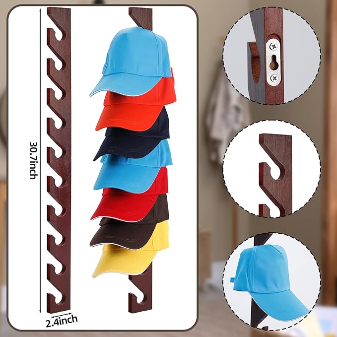 BBTO 3 Pack Wooden Hat Rack for Baseball Cap Wall Mount Hat Racks 30 Slot Vertical Baseball Cap Display Holder with 10 Hooks 