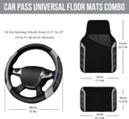 CAR PASS Leather Steering Wheel Cover and Waterproof Car Floor Mats,Microfiber Universal Car Combo Fit for 95% Sedan,SUV,Cars