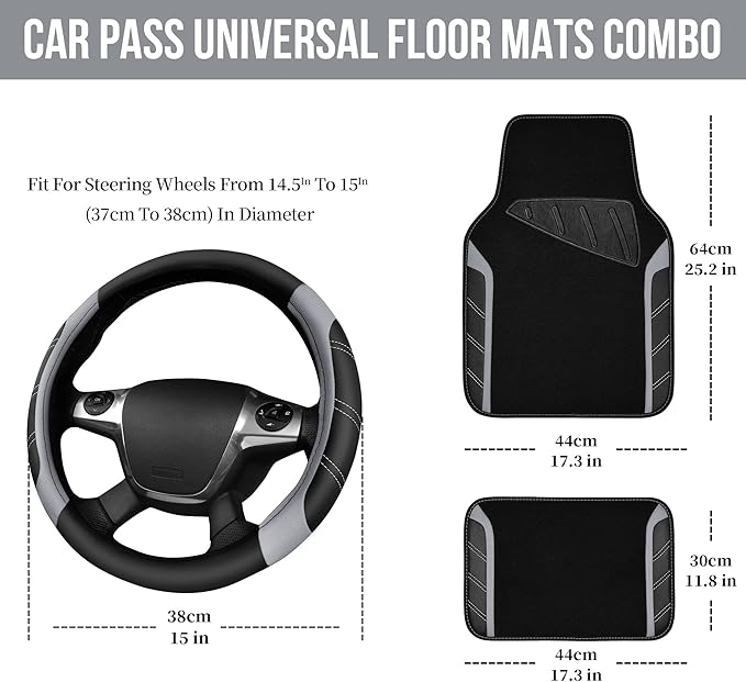 CAR PASS Leather Steering Wheel Cover and Waterproof Car Floor Mats,Microfiber Universal Car Combo Fit for 95% Sedan,SUV,Cars