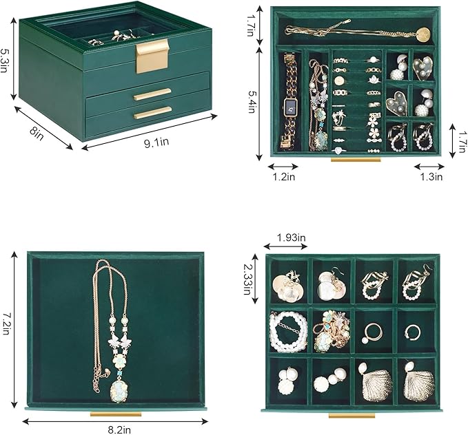 Somduy Jewelry Box Organizer for Women,3 Layers PU Leather Jewelry Storage Display Box with Glass Lid,Gift for people,3 Drawe