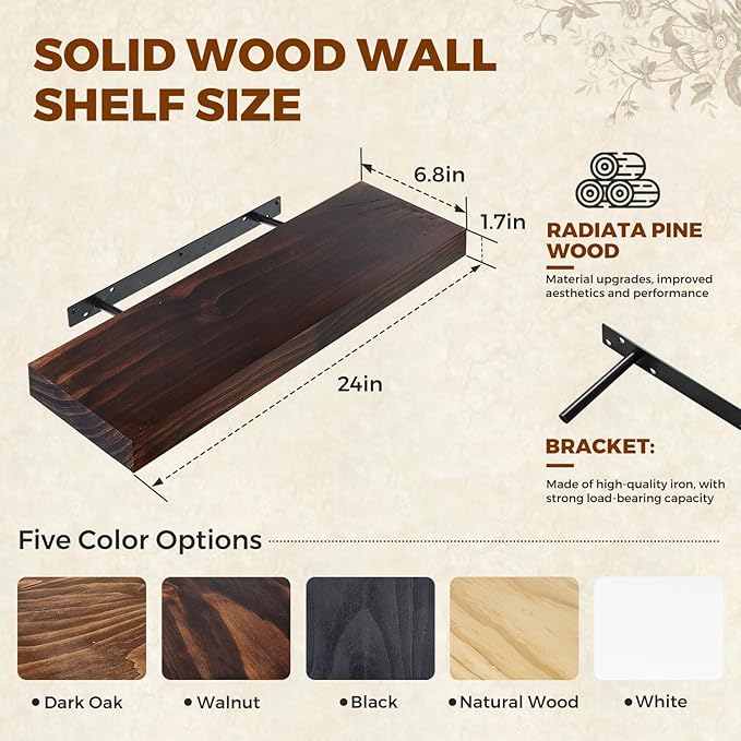 Floating Wall Shelves 24x6.8x1.7 Inch – Solid Wood Rustic Shelves in Walnut Finish – Wall Mounted Display Shelf for Bathroom,