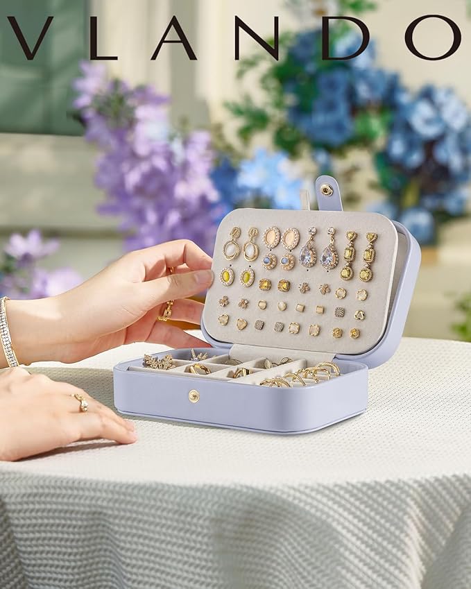 Vlando Travel Jewelry Case for Women Girls Mothers, PU Leather Portable Small Jewelry Box for Rings, Necklaces, Bracelets, Ea