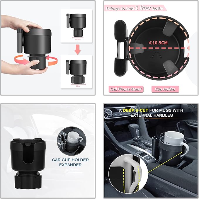 Large Size Car Cup Holder Expander with Cell Phone Holder Adjustable Base U-Shaped Slot Cup Holder Adapter Compatible with Al