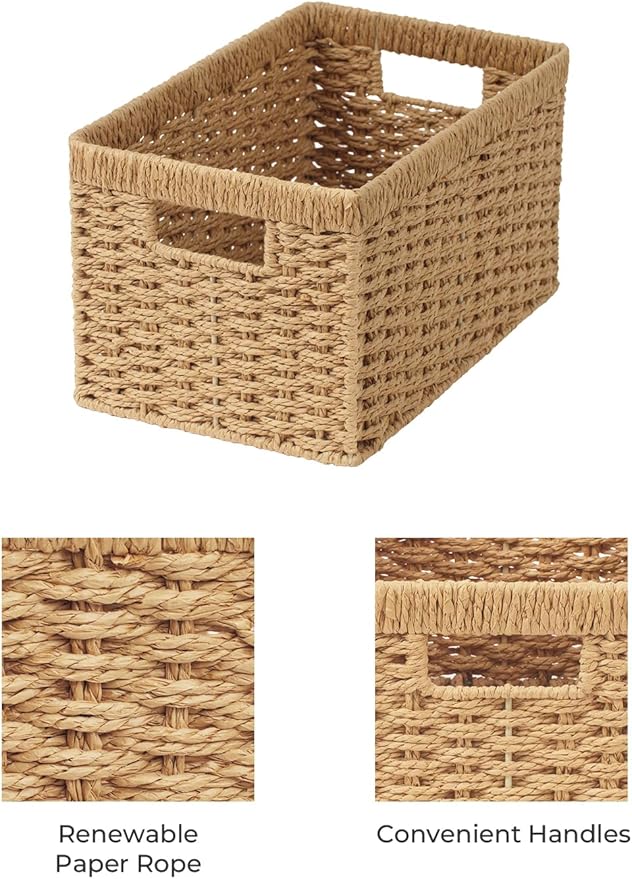 StorageWorks Round Paper Rope Storage Baskets, Rectangular Wicker Baskets with Built-in Handles, Medium, 13 ¼ x 8 ½ x 7 ¼ inc