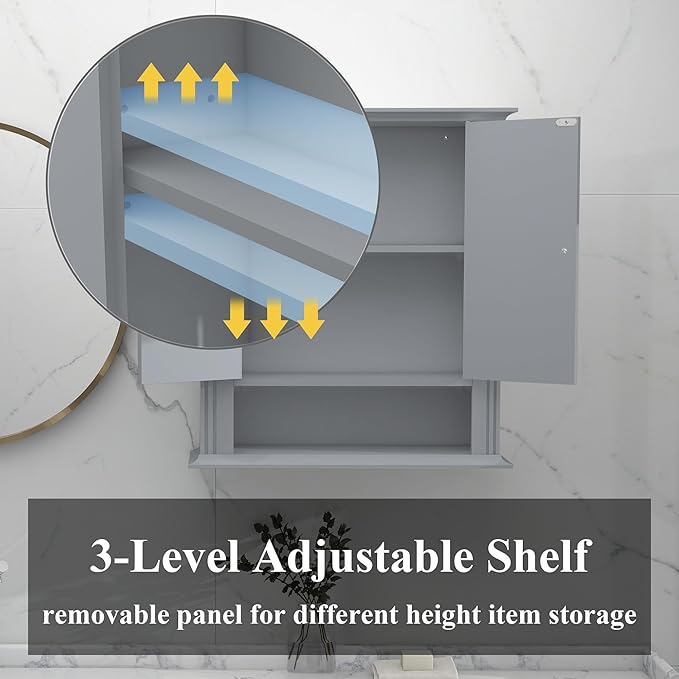 Wall Mounted Bathroom Cabinet Wooden Storage Cabinet with 2 Doors & Adjustable Shelf, Hanging Wall Cabinet Over Toilet, Upper