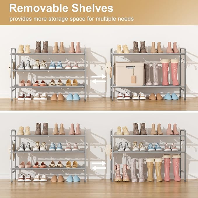 VILICK 3 Tier Shoe Rack 33" Wide Metal Shoe Organizer Long Shoe Storage with 4 Side Hooks Sturdy Shoes Shelf for Front Door E