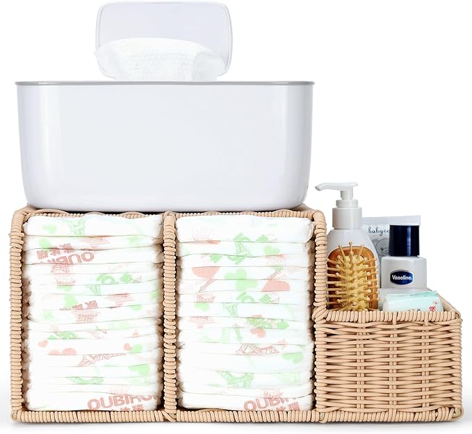 Diaper Caddy Organizer, Hand Rattan Nursery Storage Basket for Baby Essentials, Baby Changing Table Organizer Perfect Nursery