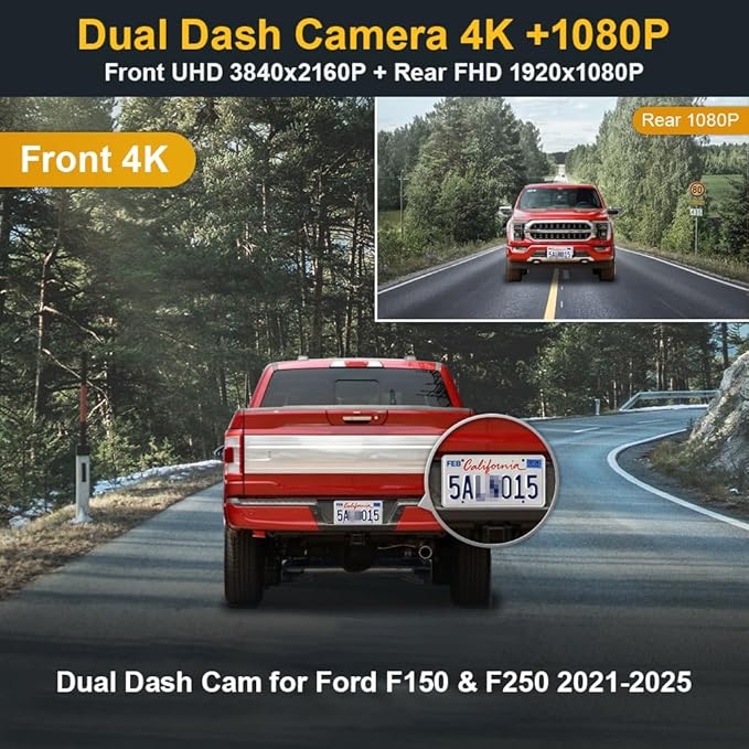 Fitcamx Front 4K+Rear 1080P Dash Cam Adapts for Ford F150 F250 2021-2025 Limited XLT XL Raptor Lariat Platinum King Ranch Tre