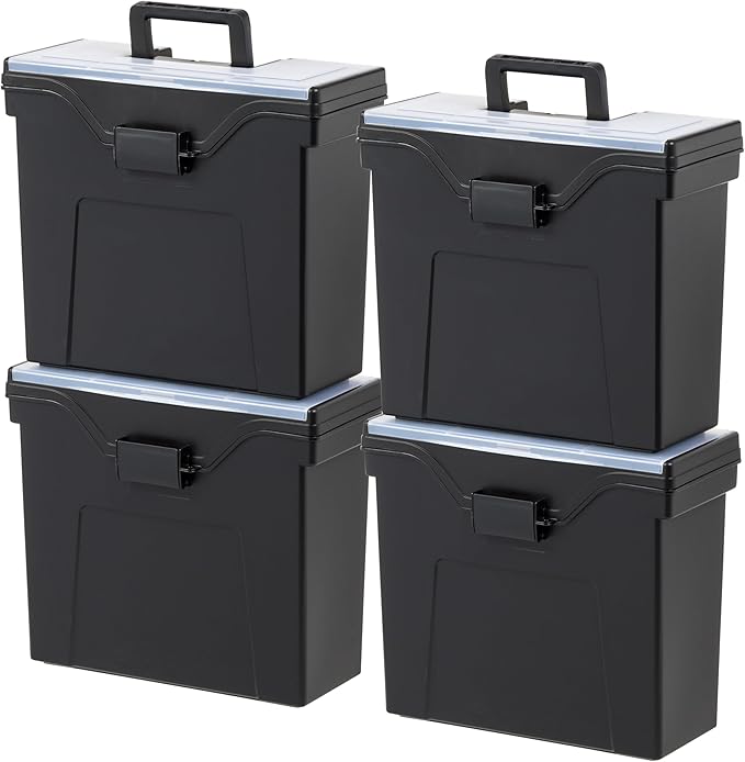 IRIS USA Slim Portable Letter/Legal File Tote Box, 4 Pack, BPA-Free Plastic Storage Bin with Organizer-Lid, Durable, Secure L