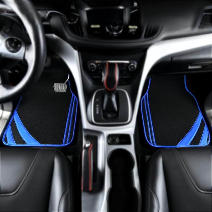 CAR PASS Faux Leather Car Mats Blue Edge Waterproof Car Floor Mats Car Carpet Mats 4 Pieces with Double Stitch Line Anti-Slip