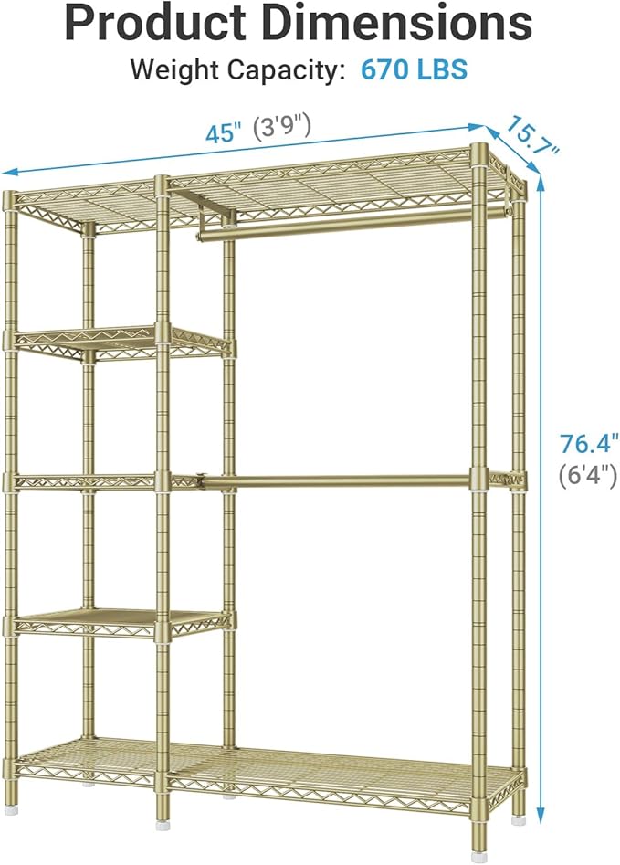 VIPEK V7 Clothes Rack Heavy Duty Max Load 670lbs, Garment Rack with 5 Tiers Adjustable Shelves Portable Closet Metal Sturdy W