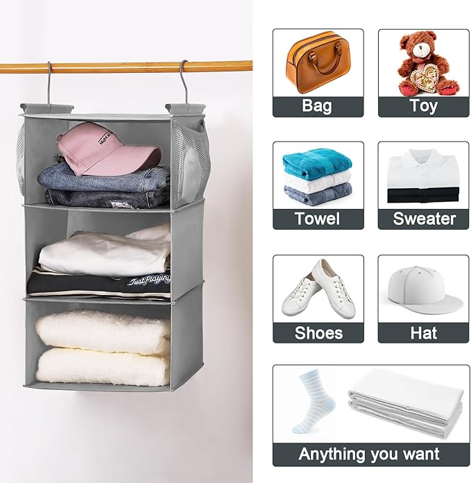 MAX Houser 3 Tier Shelf Hanging Closet Organizer, Closet Hanging Shelf with 2 Sturdy Hooks for Storage, 2 Pack, Foldable (Gre