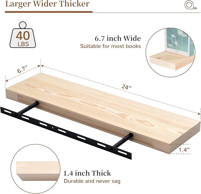 Marsmiles Natural Wood Floating Shelves | 24 Inch Unfinished Wood Wall Shelves Set of 2 | 24" W x 6.7" D Rustic Wooden Shelve