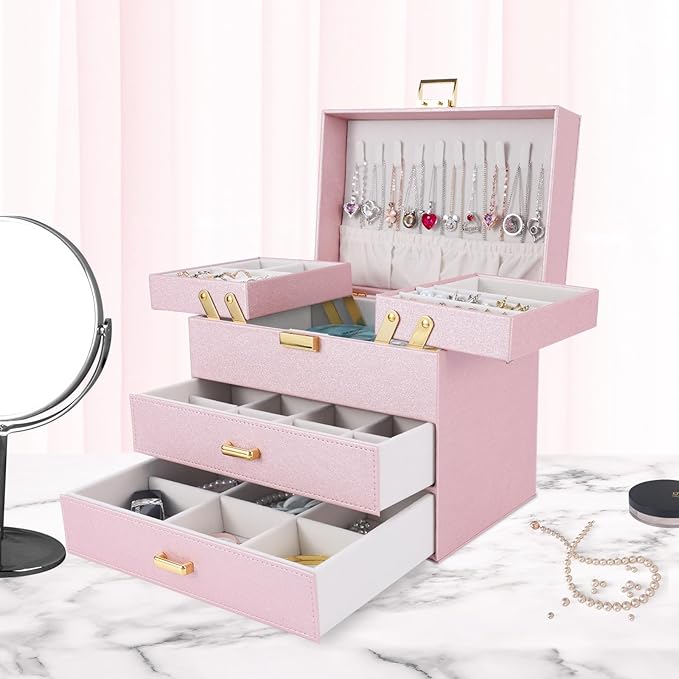 Dajasan Jewelry Organizer Box, Large Jewelry Boxes for Girls, Space-Saving 4 Layers Jewelry Storage Case with Drawer, Gift fo