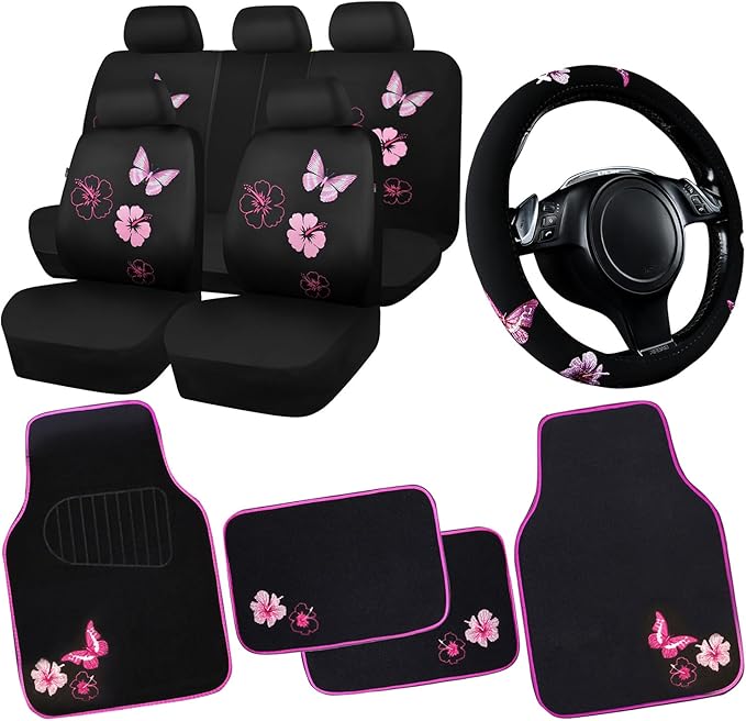 CAR PASS Universal Cloth Butterfly Car Seat Covers Full Set, Embroidered Flower Waterproof Car Floor Mats Carpet, Butterflies