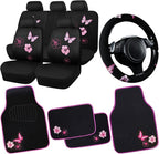 CAR PASS Universal Cloth Butterfly Car Seat Covers Full Set, Embroidered Flower Waterproof Car Floor Mats Carpet, Butterflies