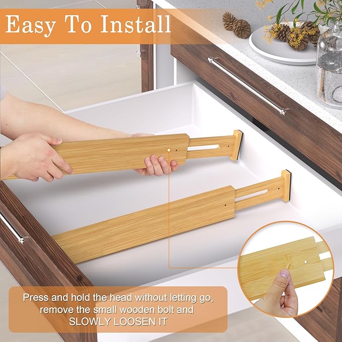 Bamboo Drawer Dividers,17-22" Adjustable Kitchen Drawer Organizer for Clothes,8 Pack Expandable Drawer Organization Separator