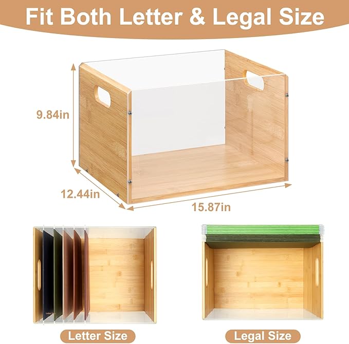 Sbanmao Letter/Legal Bamboo Acrylic File Box Organizer, Hanging File Folder Storage Boxes, Decorative Document Crate Transpar
