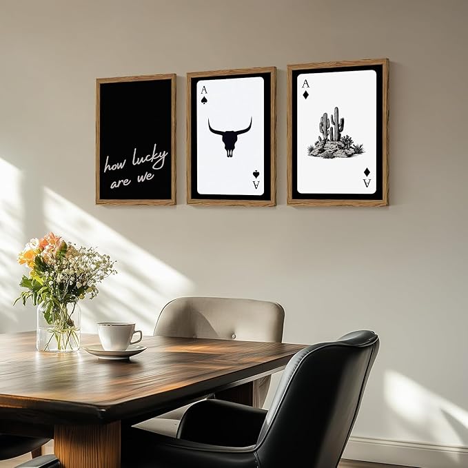 Western Wall Art Set of 3, Southwestern Cowboy Playing Card Wall Decor, Longhorn Bull Skull and How Lucky are We Poster Canva