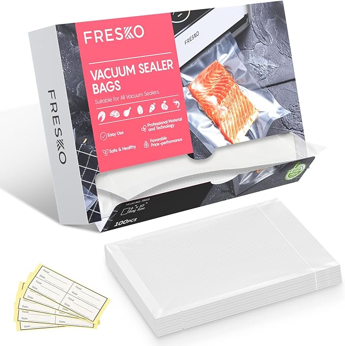 FRESKO Vacuum Sealer Bags Pint Size 100 Pack 6"x10", Seal a Meal Vac Sealers, Sous Vide Vacuum Safe, BPA Free, Heavy Duty Com
