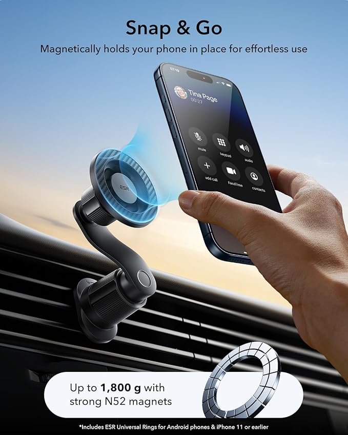 ESR OmniLock for MagSafe Car Mount, 360° Rotation, Car Phone Mount for Air Vent, Magnetic Phone Holder for iPhone 17e/17/16/15/14/13/12,Google/Samsung/Android,All Smartphones(2 MagSafe Rings Included)