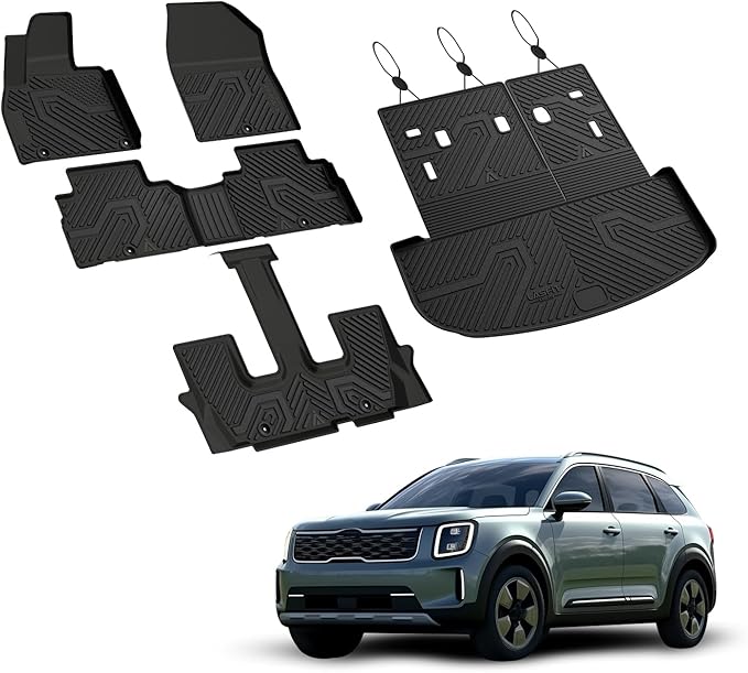 LASFIT Floor Mats & Backrest Mats & Cargo Mat for Kia Telluride 2025 2024 2023 2022 2021 2020, All Weather TPE Custom Fit Floor Liners with Full Set Car Mats & Trunk Mats Accessoires, Black