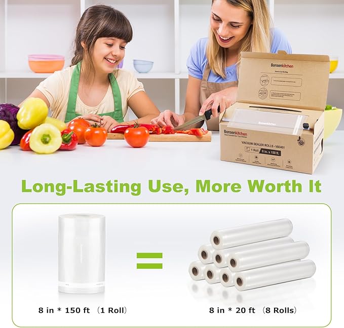 [2025 New] Bonsenkitchen 8” x 150’ Vacuum Sealer Bags Rolls with Cutter for Food Storage, Commercial Grade, BPA Free, Great f