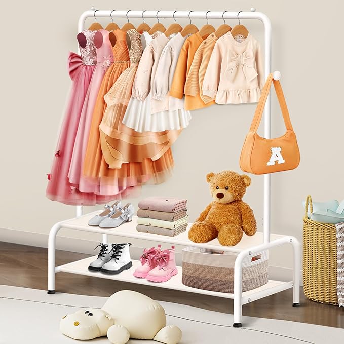 Kids Clothing Rack - Dress Up Clothes Rack - Baby Toddler Closet - Mini Freestanding Coat Racks with 2 Fabric Shelves - Small