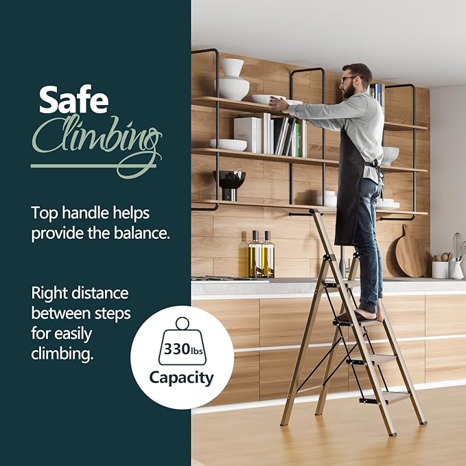 WOA WOA 4 Step Ladder for 10 Feet High Ceiling, Lightweight Foldable Ladder with Non-Slip Wide Pedals, Step Stool with Safe H