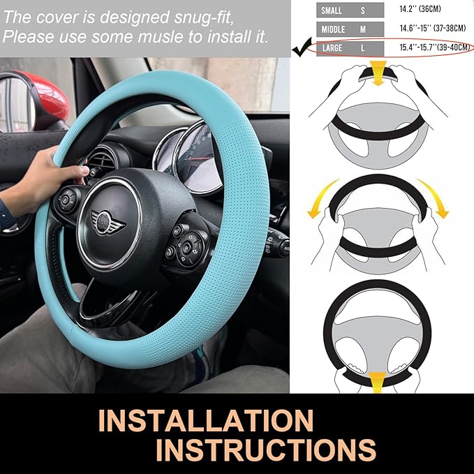 PINCTROT Large Size Nappa Leather Steering Wheel Cover, Slim Fit No Bulk Design, One Piece Leather with Breathable Perforatio