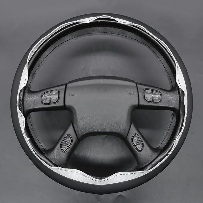 MEWANT Hand Stitched Steering Wheel Cover for Chevy Silverado 1500 2003-2006 Trailblazer White Black Faux Leather Wrap