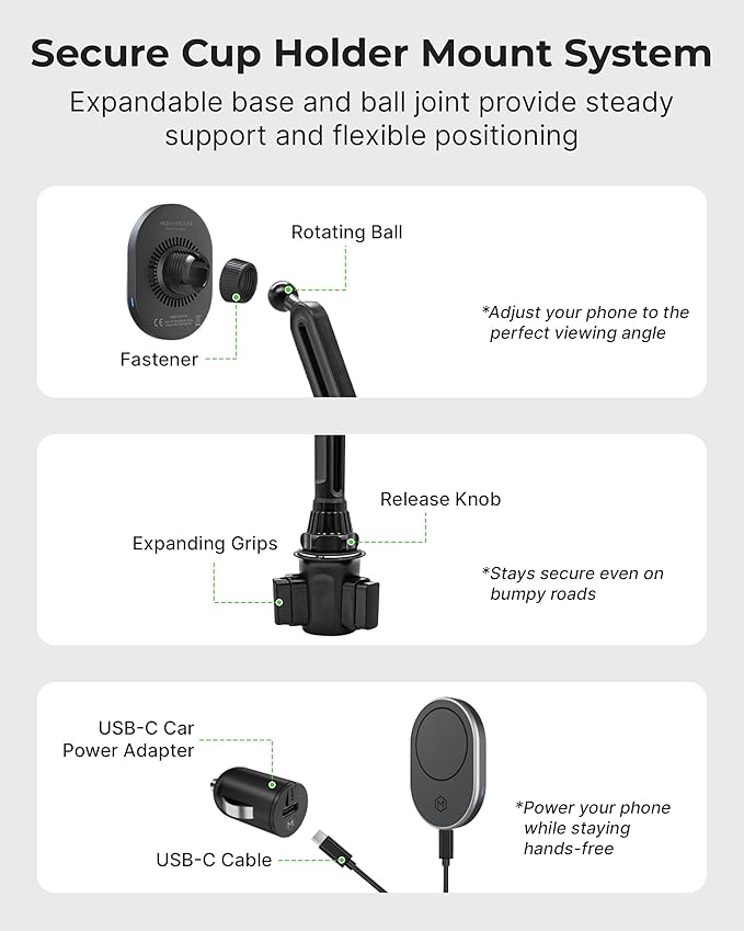 MagSafe 15W Fast Wireless Car Charger Cup Holder Mount, Compatible with iPhone Air/17/16/15/14/13/12 & Galaxy Phones, Strong Magnets for Secure Hold, Easy Installation