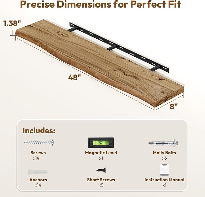 Vivelove Live Edge Floating Shelves Solid Wood, 48 Inch Set of 1, Elm Shelves for Wall with Invisible Bracket for Living Room