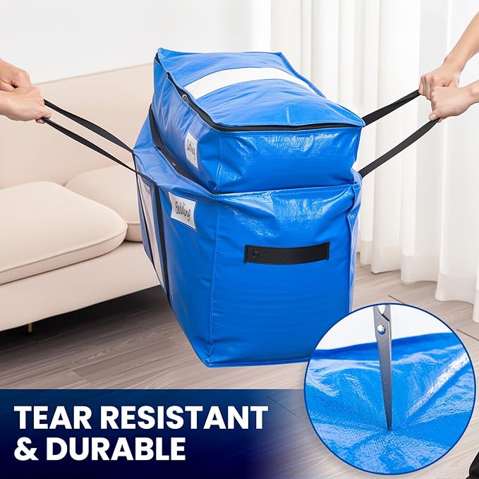 TAILI 2 Tier Extra Large Moving Bags, 4 Pack Blue Heavy Duty Totes for Storage with Visible Window, Wrap Around Handles, Stor