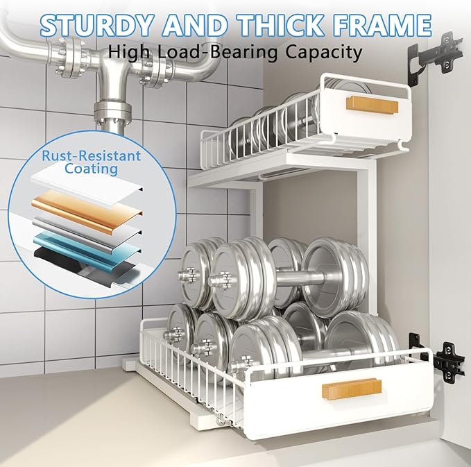 Under Sink Organizer Kitchen - Upgraded Professional Rails, 2 Tier Dual Pull Out Cabinet Storage, Height Adjustable Under Sin