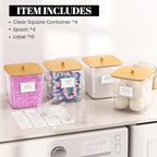 4 Pack Clear Laundry Pod Container, Laundry Room Organization Containers with Wooden Lids & Labels - Large Detergent Powder S