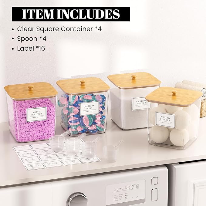 4 Pack Clear Laundry Pod Container, Laundry Room Organization Containers with Wooden Lids & Labels - Large Detergent Powder S