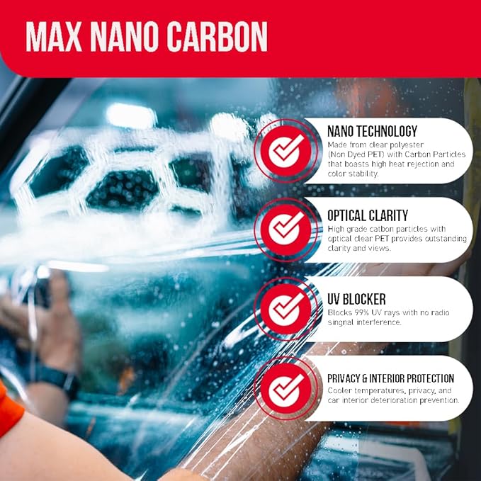 United Max Nano Carbon Car Window Tint Film – 2PLY 5% VLT Series Automotive Tint with UV Protection & Infrared Rejection, Heat & Glare Blocking, Color Stable Adhesive Film Roll, 24 Inch x 100 Feet