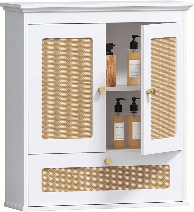 Spirich Bathroom Wall Cabinet Over Toilet, Boho Rattan Medicine Cabinet with Adjustable Shelf, Space-Saving Wall Mount Storag