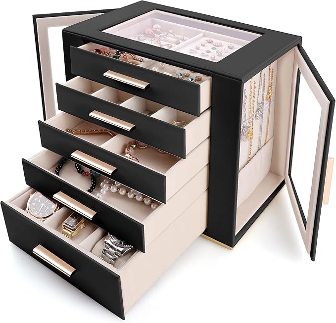 Homeanda Jewelry Box for Women with Glass Lid, 5 Drawers Jewelry Organizer and Storage for Necklaces, Rings, Earrings, Bracel