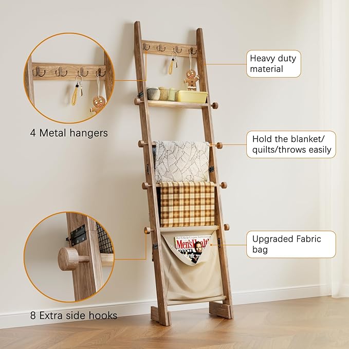 REFGY Blanket Ladder for Living Room, 5-Tier Wooden Blanket Ladder, 5.3Ft Wall Leaning Quilt Ladder for Bedroom, Rustic Decor