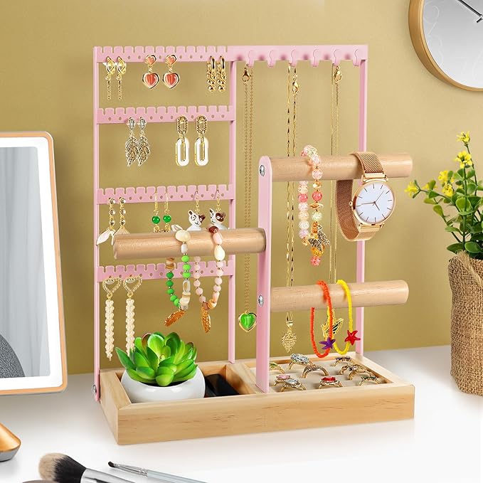 Godboat Jewelry Organizer - Earring Holder with 48 Holes, 6 Hooks Necklace Organizer, Bracelet and Ring Stand with Jewelry Bo