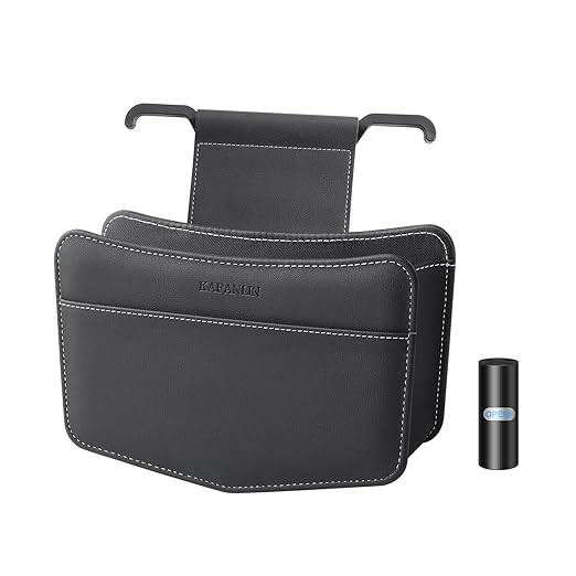 Car Trash Can Small Leather Vehicle Trash Bin Car Dustbin Garbage Organizer Holder with Trash Bag Foldable Mini Cars Storage Bag Container for Auto SUV Van Trucks (Black,Hanging Hook)