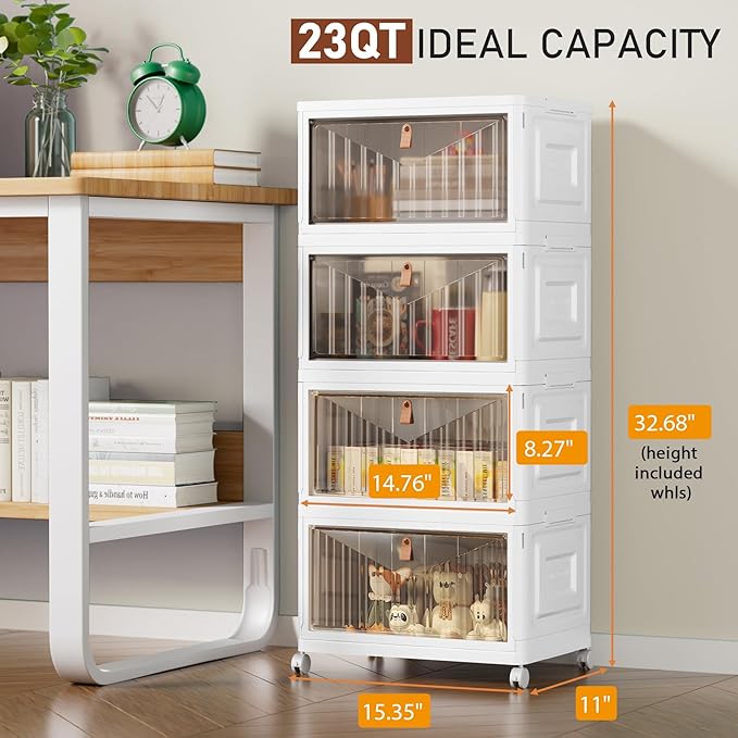 4 Tier Storage Bins with Lids, 23QT Stackable Closet Organizers and Storage with Wheels, Collapsible Storage Boxes, Foldable 