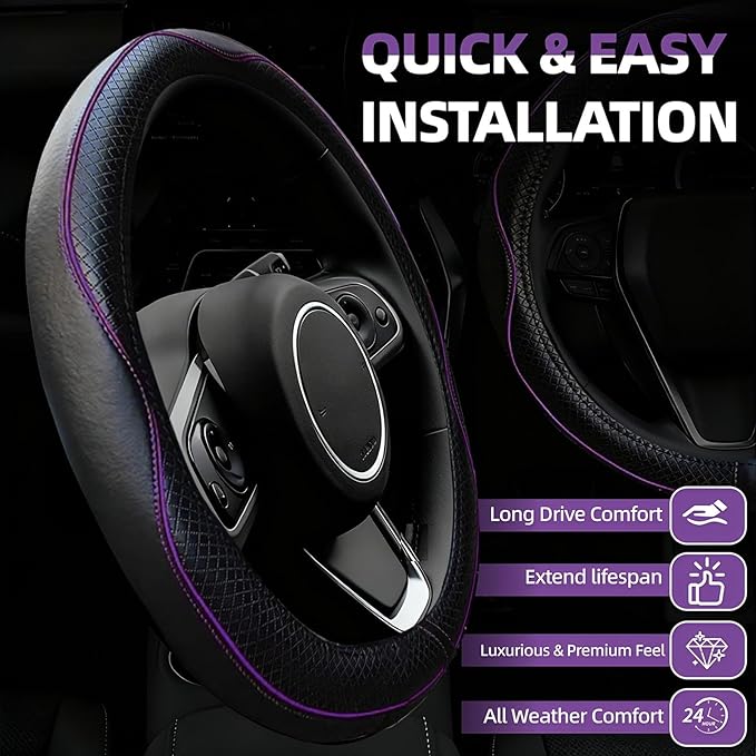NBTEPEM 6 PCS Car Steering Wheel Cover Set, Microfiber Leather Steering Wheel Covers Universal 14.5-15 inch, Center Console Cover, Seat Belt Cushion, Cup Holder Coaster, Car Accessories Set Purple