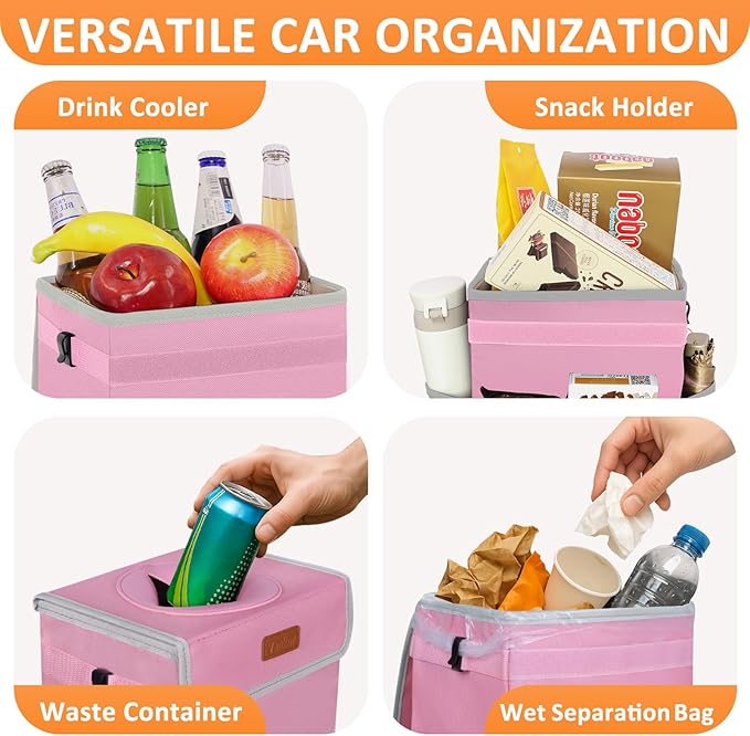 3 Gallons Car Trash Can with Lid, Car Trash Bag Bin Hanging Waterproof Automotive Garbage Cans Leak Proof Vehicle Trash Can Pink