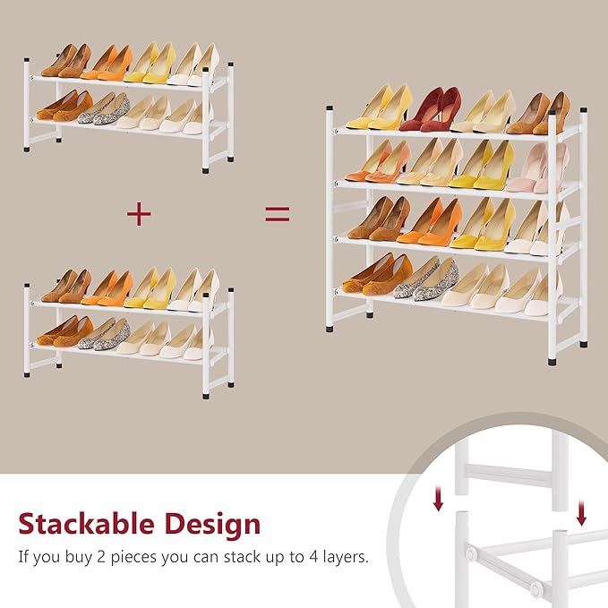 Tajsoon Expandable Shoe Rack for Closet 2 Tier, 28“-41“ Adjustable & Stackable Shoe Shelf Storage, Metal Shoe Rack Organizer 